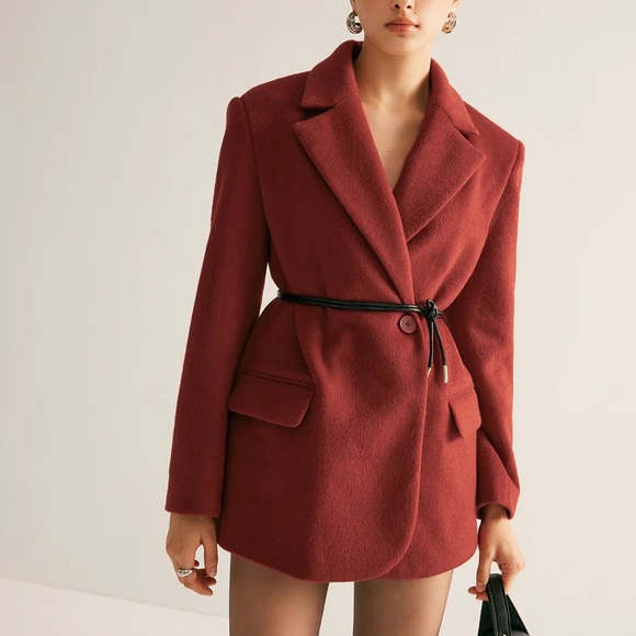Red wool blend oversized drawstring tie belt blazer jacket - Picture 6 of 9